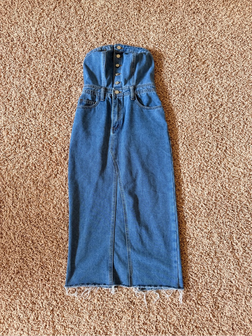 Denim Button-Front Strapless Midi Dress - Blue